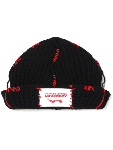 LOVERBOY LOGO PATCH CHUNKY KNIT BEANIE BLACK/RED