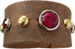 Red Gem Gold Studded Leather Bracelet (Genuine Cow Leather)