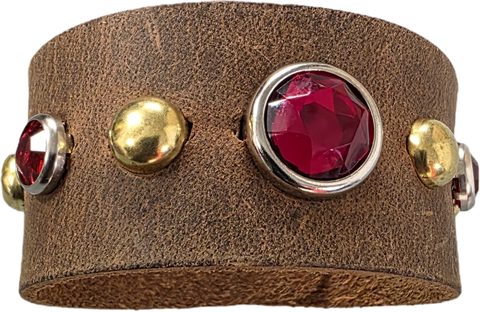 Red Gem Gold Studded Leather Bracelet (Genuine Cow Leather)