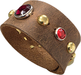 Red Gem Gold Studded Leather Bracelet (Genuine Cow Leather)