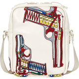 Guns Embroidered Leather Shoulder Bag (White)