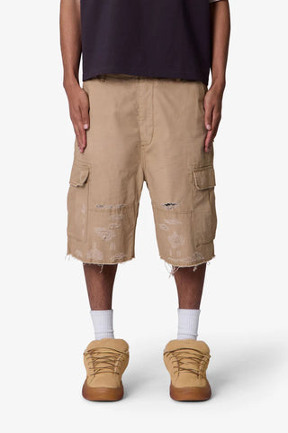 MNML Baggy Distressed Cargo Shorts Khaki
