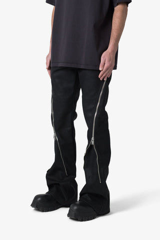 MNML LEATHER ZIPPER FLARE PANTS BLACK