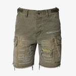 DISTRESSED CARGO SHORTS OLIVE