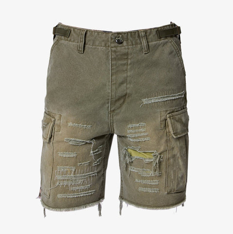 DISTRESSED CARGO SHORTS OLIVE
