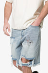 MNML DISTRESSED SPIDER DENIM SHORTS LIGHT BLUE