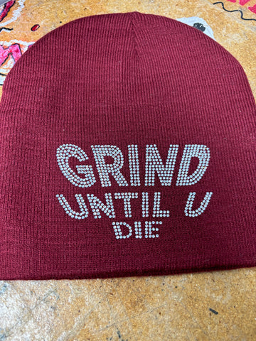 Grind Until U Die Red Rhinestone Beanie