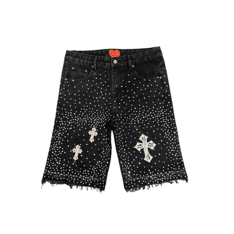 Rhinestone Cross Jorts Black
