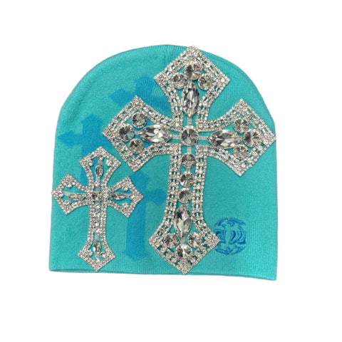 Custom Cross Crystal Beanie Ocean Blue