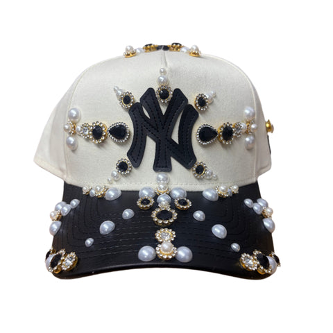 Black Leather NY Rhinestone Snapback