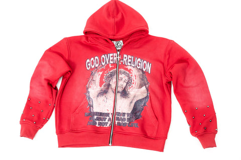 GOD OVER RELIGION "Studded Zip-Up" Red