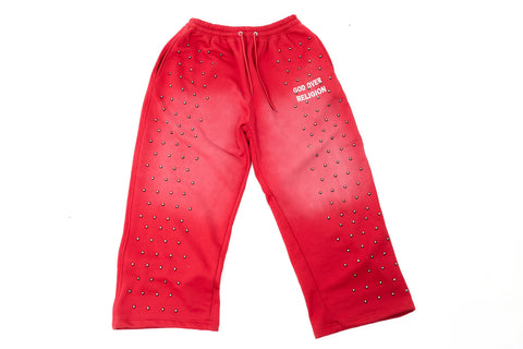 GOD OVER RELIGION “ Studded Sweats Red
