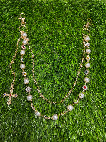 MULTI COLOR FLOWER PEARL W/ CROSS WALLET CHAIN