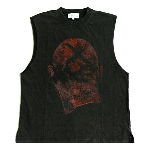“X head” cut off tee Red+Charcoal