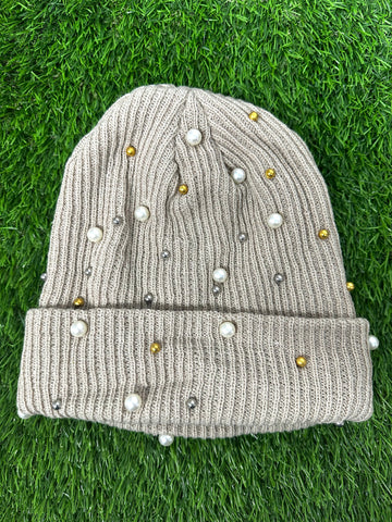 PEARL STUDDED KHAKI BEANIE