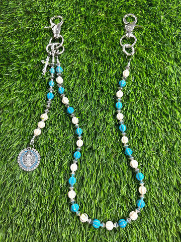 White/Blue Sea Beads w/ Saint Cross Wallet Chain