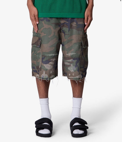 Baggy Distressed Cargo Shorts 'Washed Camo'