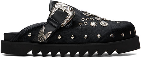 Togo Virilis Black Fur Eyelet Metal Loafers