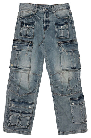 Washed Multi Cargo Denim Pants