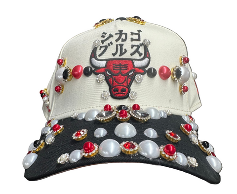 Cream/Black Bulls Rhinestone Snapback