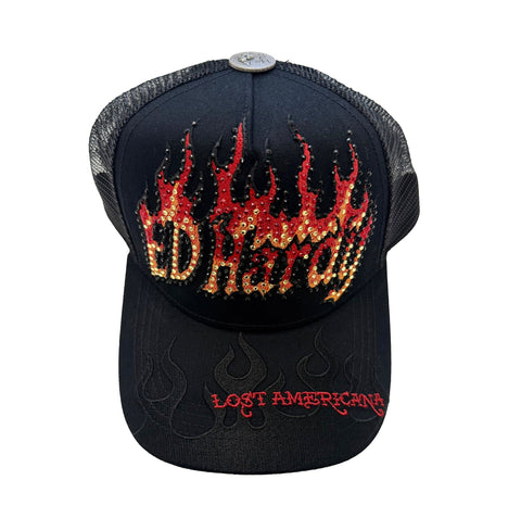 Flame Logo Rhinestone Trucker Hat