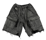 Black Waxed Distressed Cargo Shorts