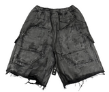 Black Waxed Distressed Cargo Shorts