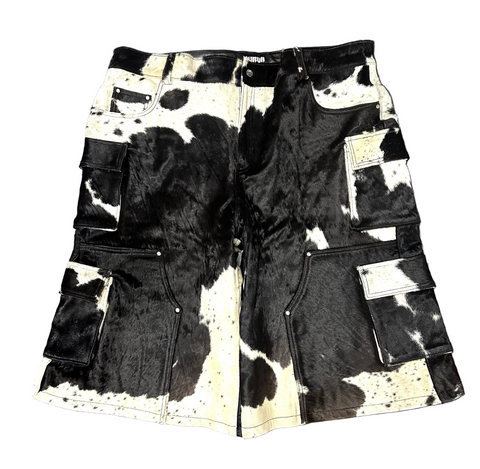 Utility Cowhide Cargo Leather Shorts Black and White