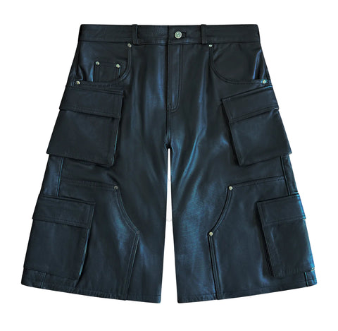 Utility Black Cargo Leather Shorts