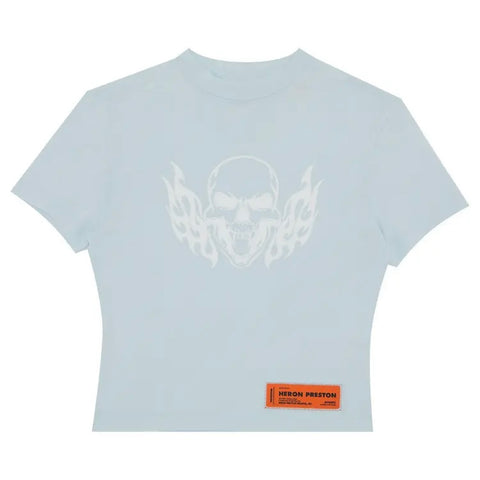 Flaming Skull Short-Sleeved Baby Tee (Baby Blue)