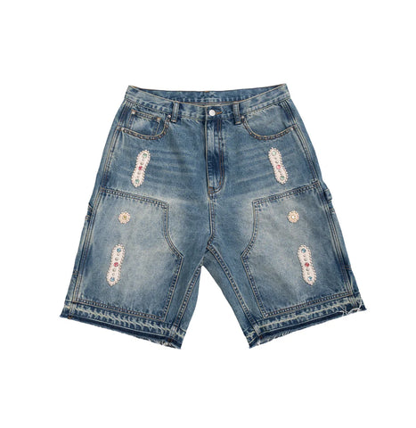 15 OZ. EMBELLISHED DOUBLE KNEE DENIM SHORTS