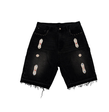 15 OZ. EMBELLISHED DOUBLE KNEE DENIM SHORTS BLACK