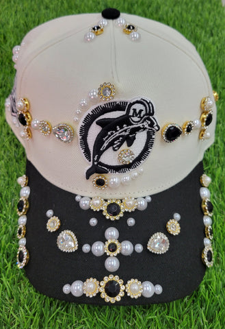 Black and Cream Dolphins Rhinestone SnapBack