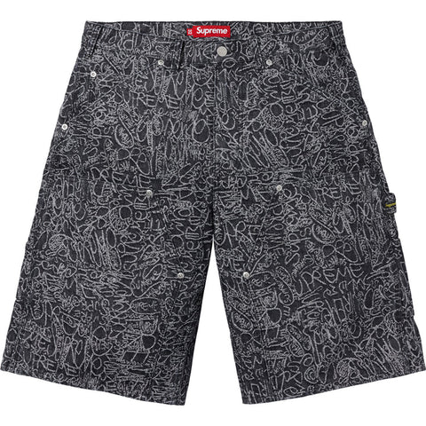 Handwriting Double Knee Denim Shorts Black