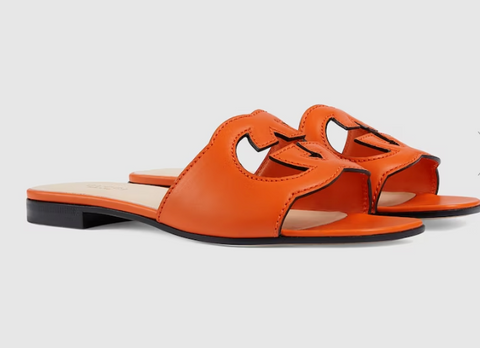 Gucci WOMEN'S INTERLOCKING G CUT-OUT SLIDE SANDAL Leather Orange