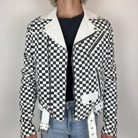 Amiri Black and White Checkered Leather Jacket