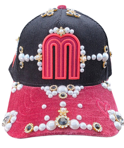Black/Red Corduroy Mexico Rhinestone Snapback