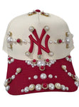 Cream/Red NY Rhinestone Snapback