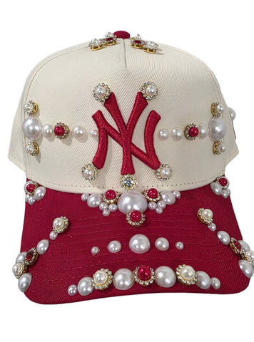 Cream/Red NY Rhinestone Snapback