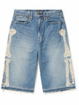 KAPITAL Straight-Leg Distressed Crochet-Trimmed Denim Shorts - Blue