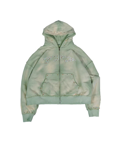 777 Rhinestone Zip Up Hoodie Green